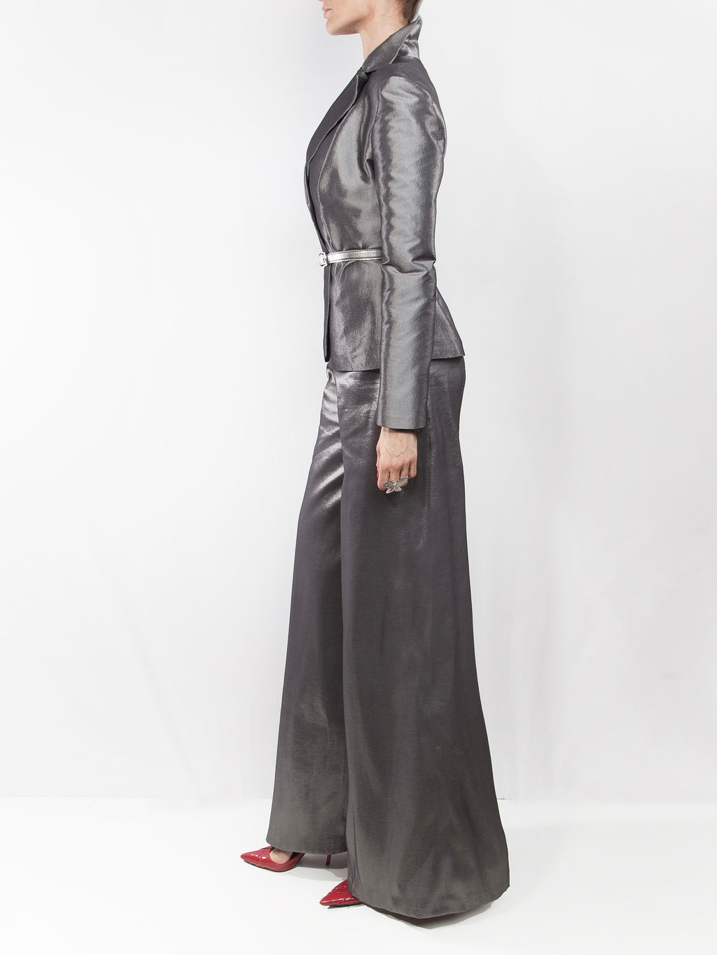 Stretch Taffeta Light Pantsuit Wide Leg Trousers - Mologoko Couture