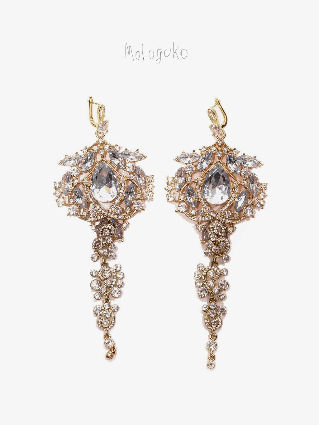 Amily Extra Large Dangle Statement Earrings with cascading crystal clusters in gold setting, featuring ornate chandelier design