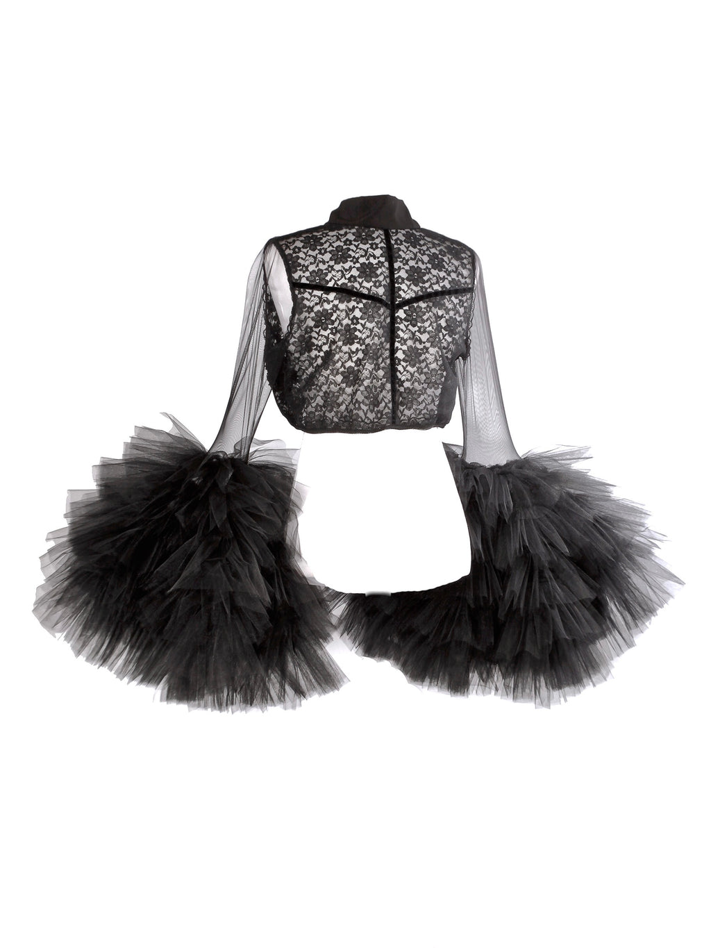 Embroidered Semi Sheer Large Tulle Sleeves Black Bolero Jacket - Mologoko Couture