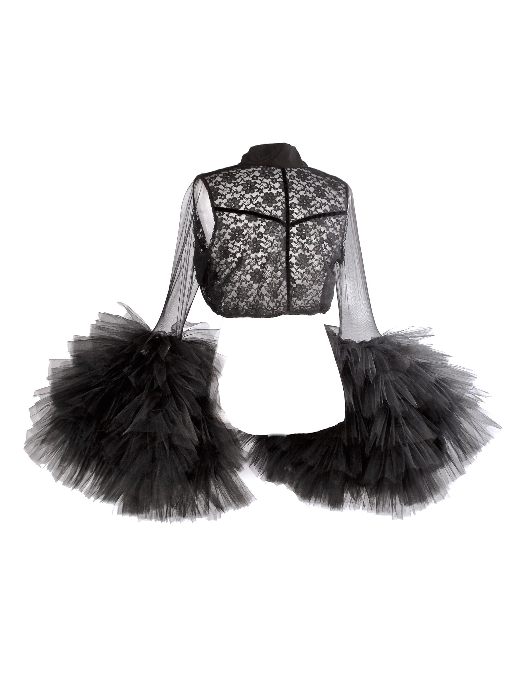 Embroidered Semi Sheer Large Tulle Sleeves Black Bolero Jacket - Mologoko Couture