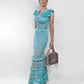 Blossom Crochet Maxi Dress in turquoise with ruffled sleeves and lace pattern, floor-length design with delicate details