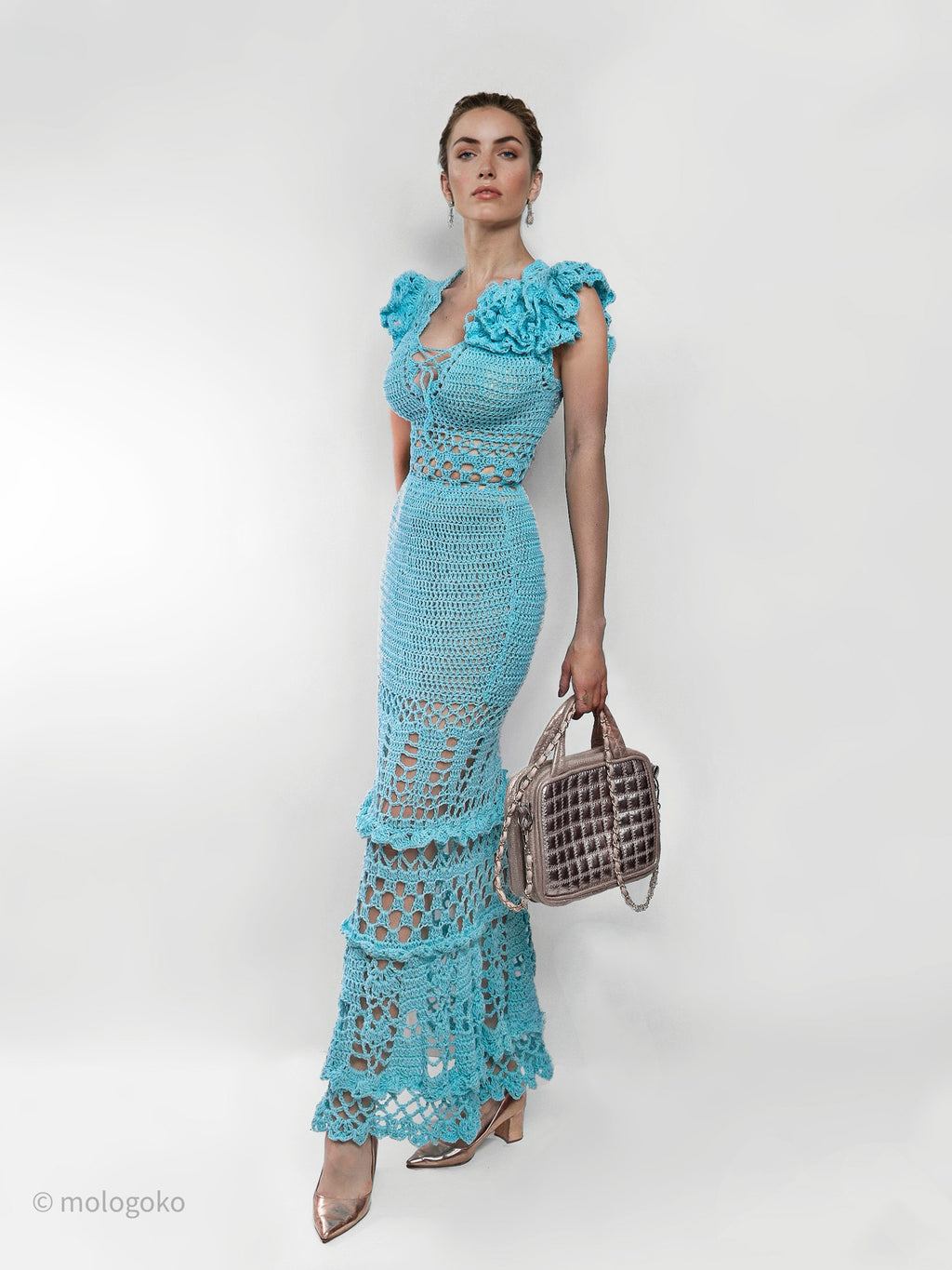Blossom Crochet Maxi Dress in turquoise with ruffled sleeves and lace pattern, floor-length design with delicate details
