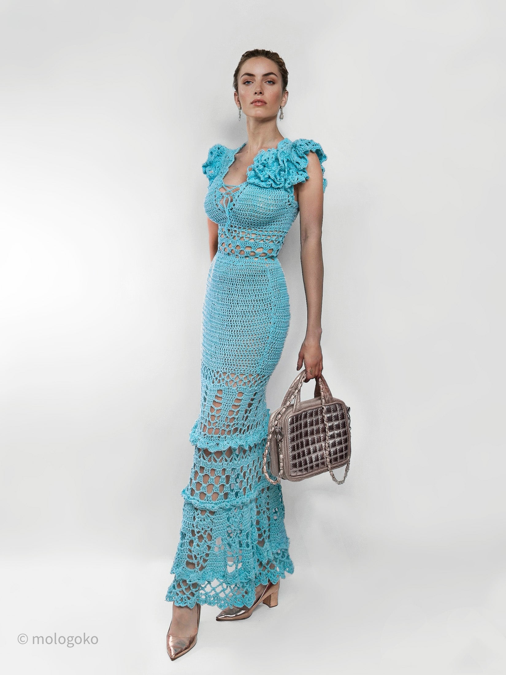 Blossom Crochet Maxi Dress in turquoise with ruffled sleeves and lace pattern, floor-length design with delicate details