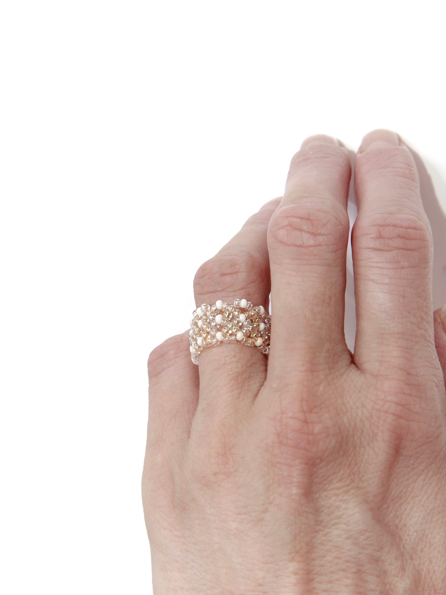 Light Gold & White Elegand Hand Beaded Ring