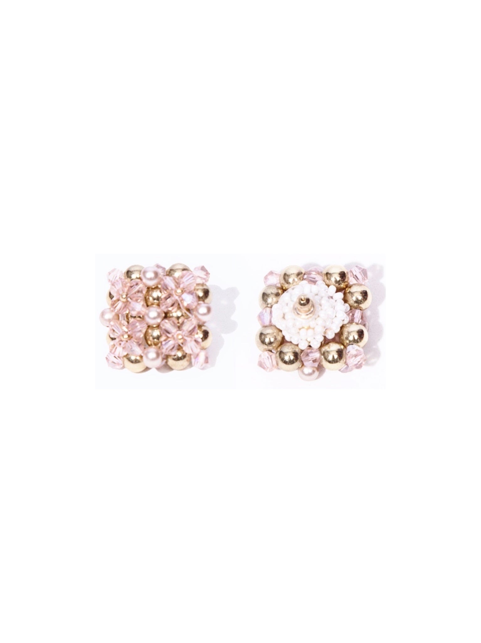 BLUSH PINK GOLD BEADED SQUARE STUD EARRINGS - Mologoko Couture