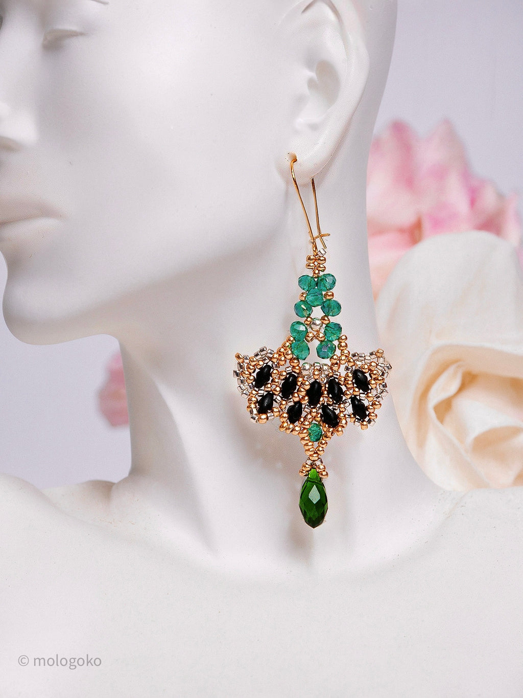 Marcella Hand Beaded Drop Green Gold Earrings - Mologoko Couture
