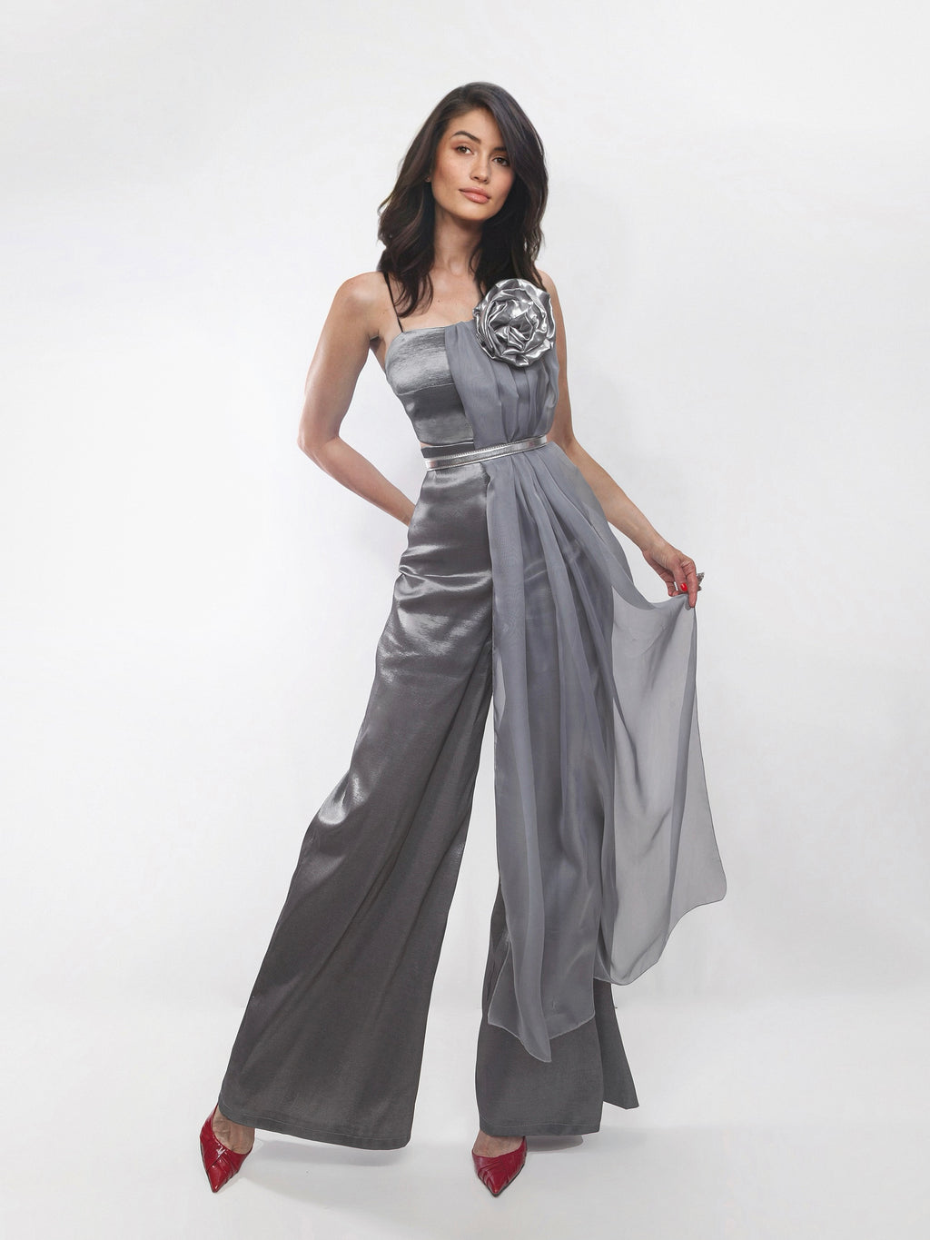 Stretch Taffeta Light Pantsuit Wide Leg Trousers - Mologoko Couture