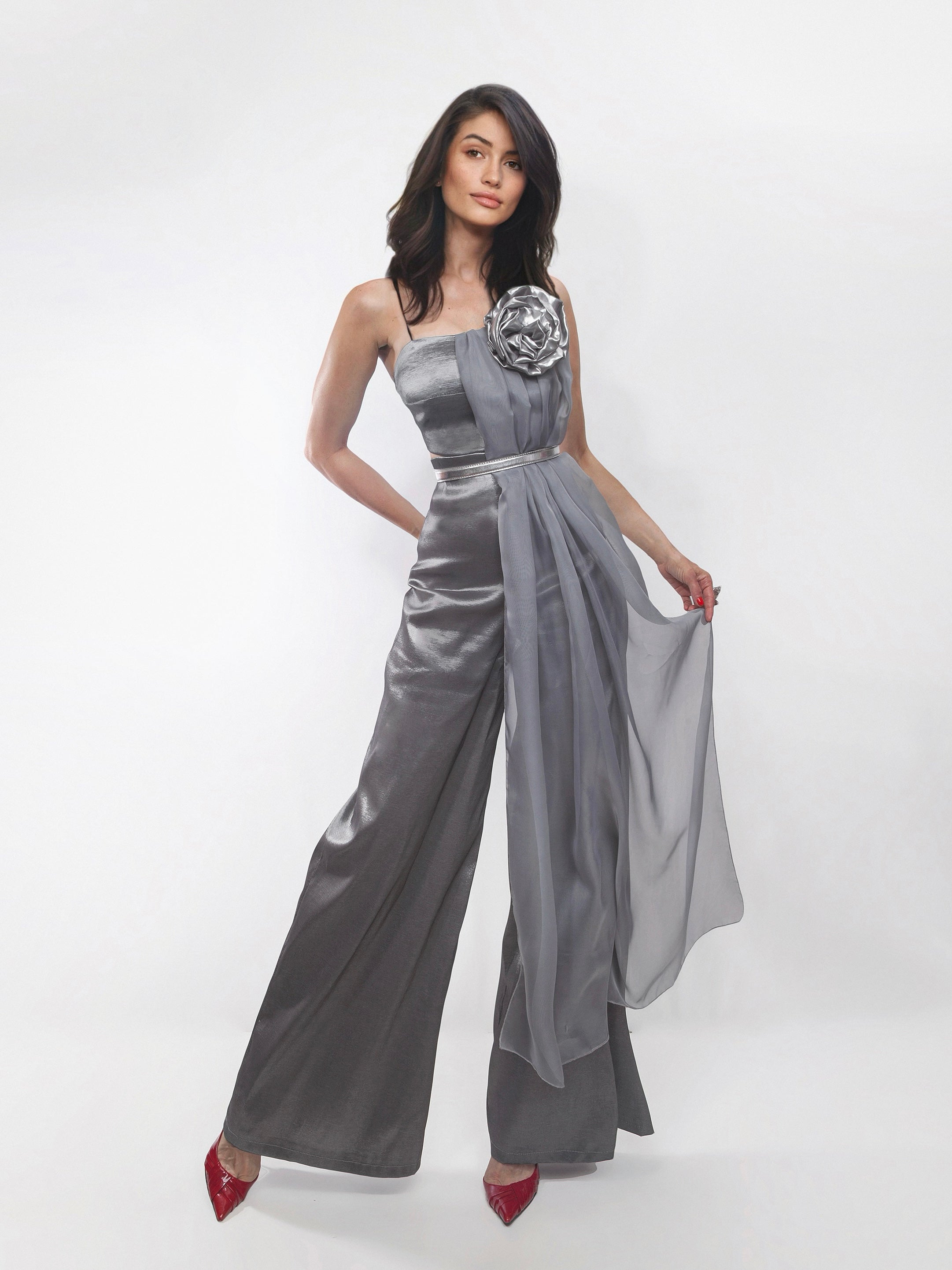 Stretch Taffeta Light Pantsuit Wide Leg Trousers - Mologoko Couture