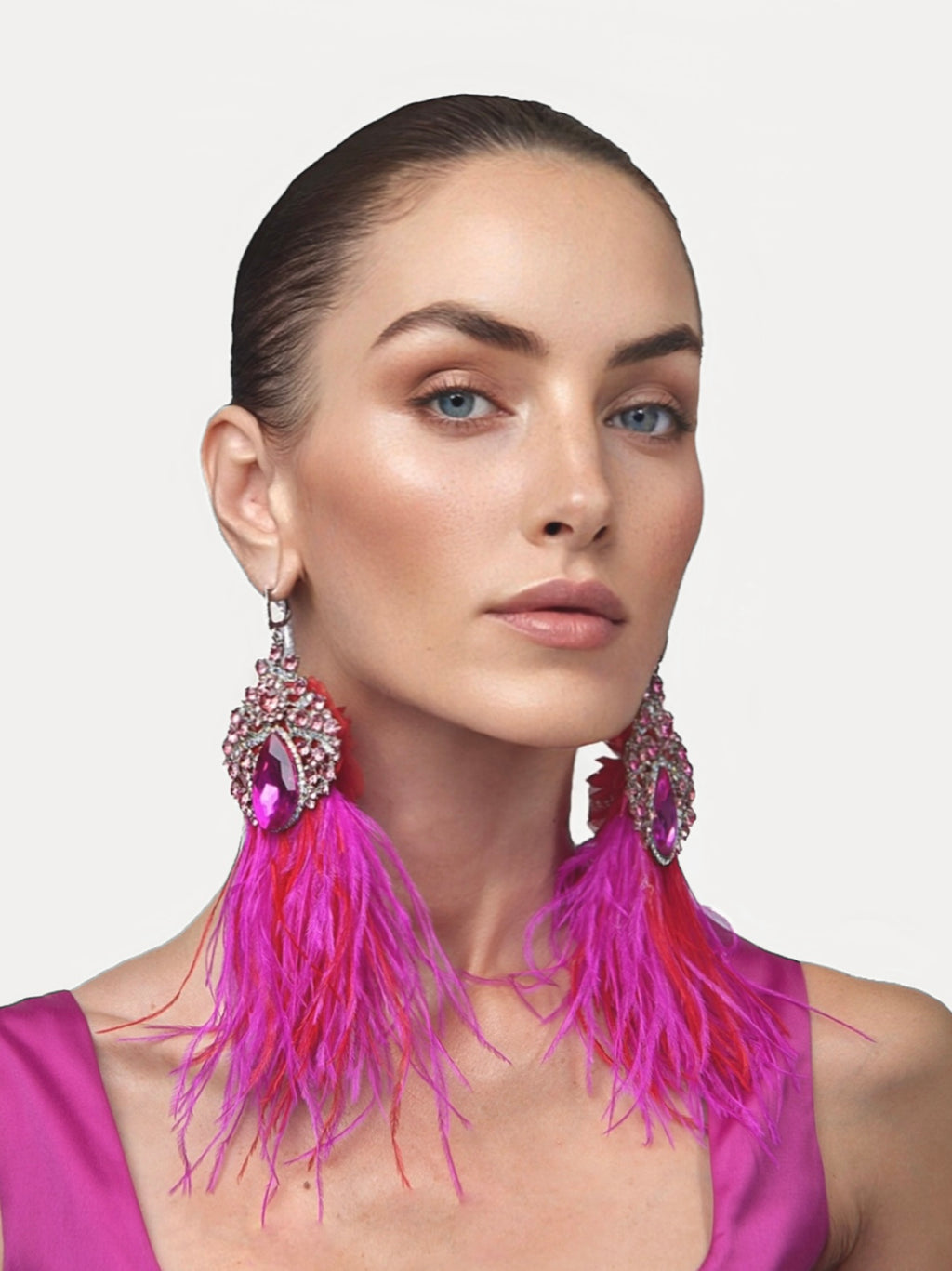 VIOLETA Pink Dangle Statement Feather Earrings - Mologoko Couture