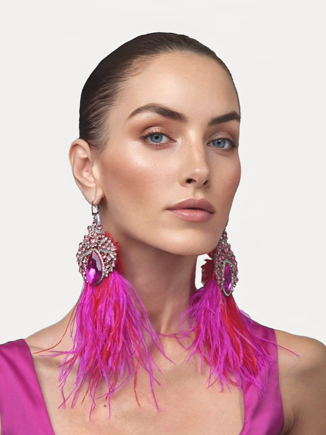 VIOLETA Pink Dangle Statement Feather Earrings - Mologoko Couture