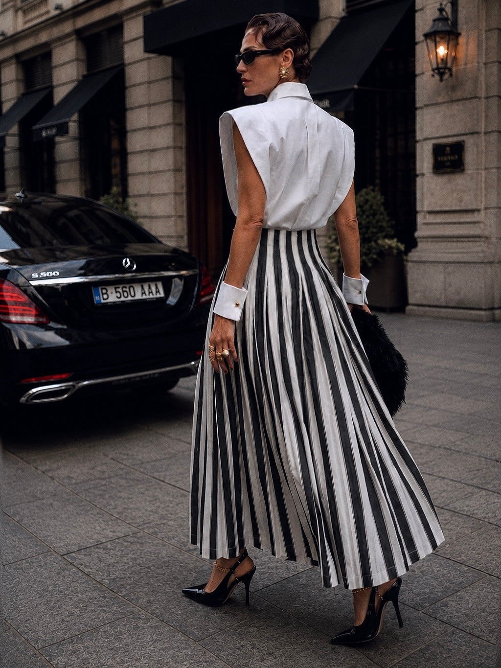 High-Waisted Striped Cotton Maxi Skirt, view 4