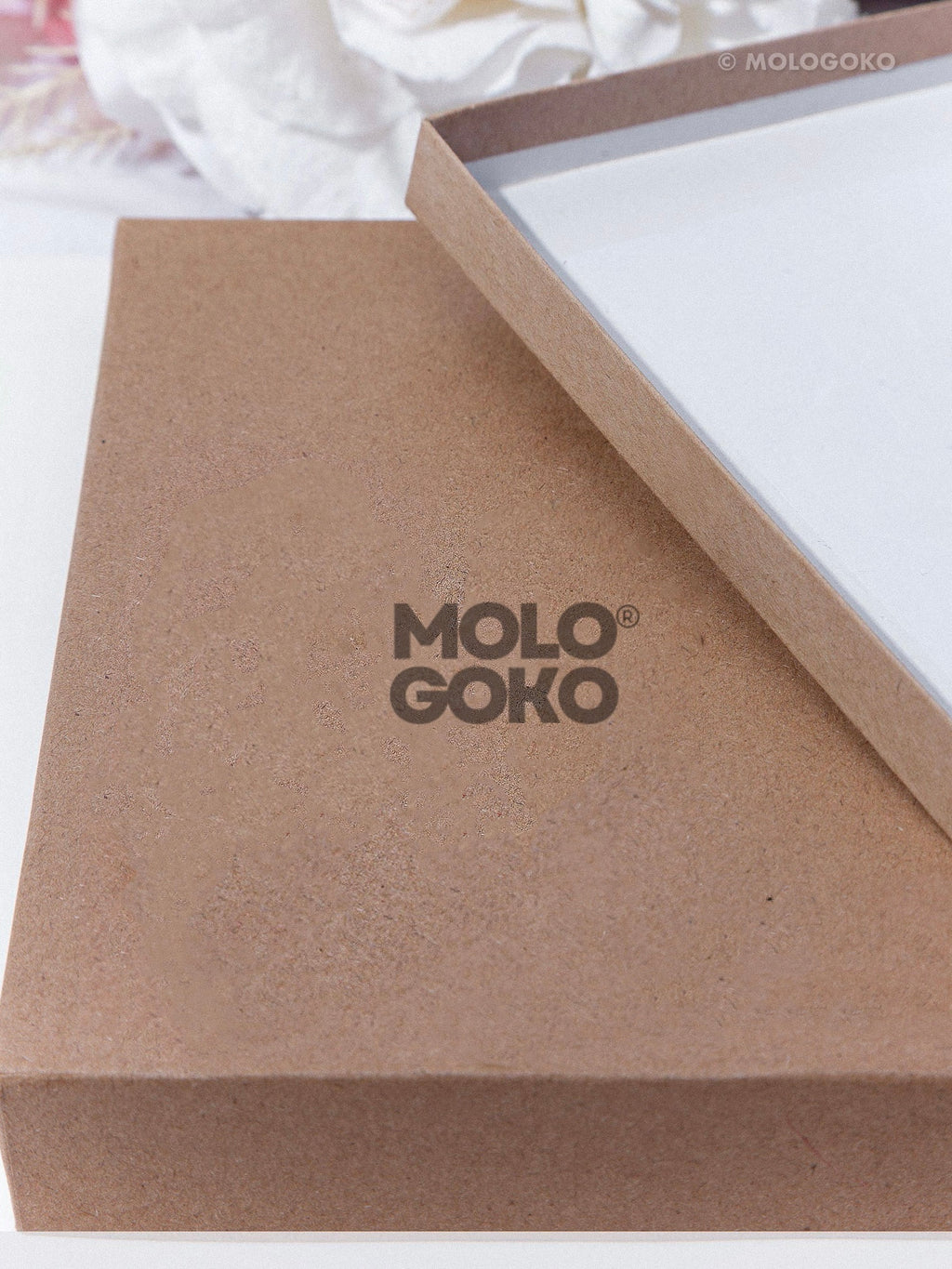 Elegant brown gift box for Abstract GOLD Chunky Personalized Monogram Initial Necklace featuring MOLOGOKO branding