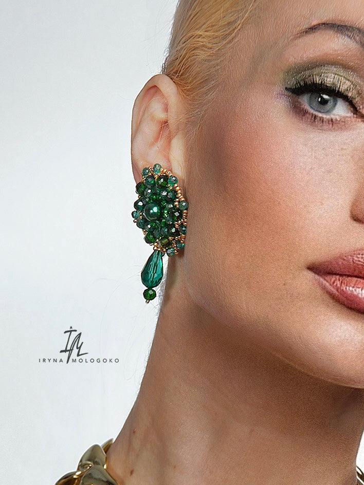 Emerald Green and Gold Hand Beaded Stud Earrings - Mologoko Couture