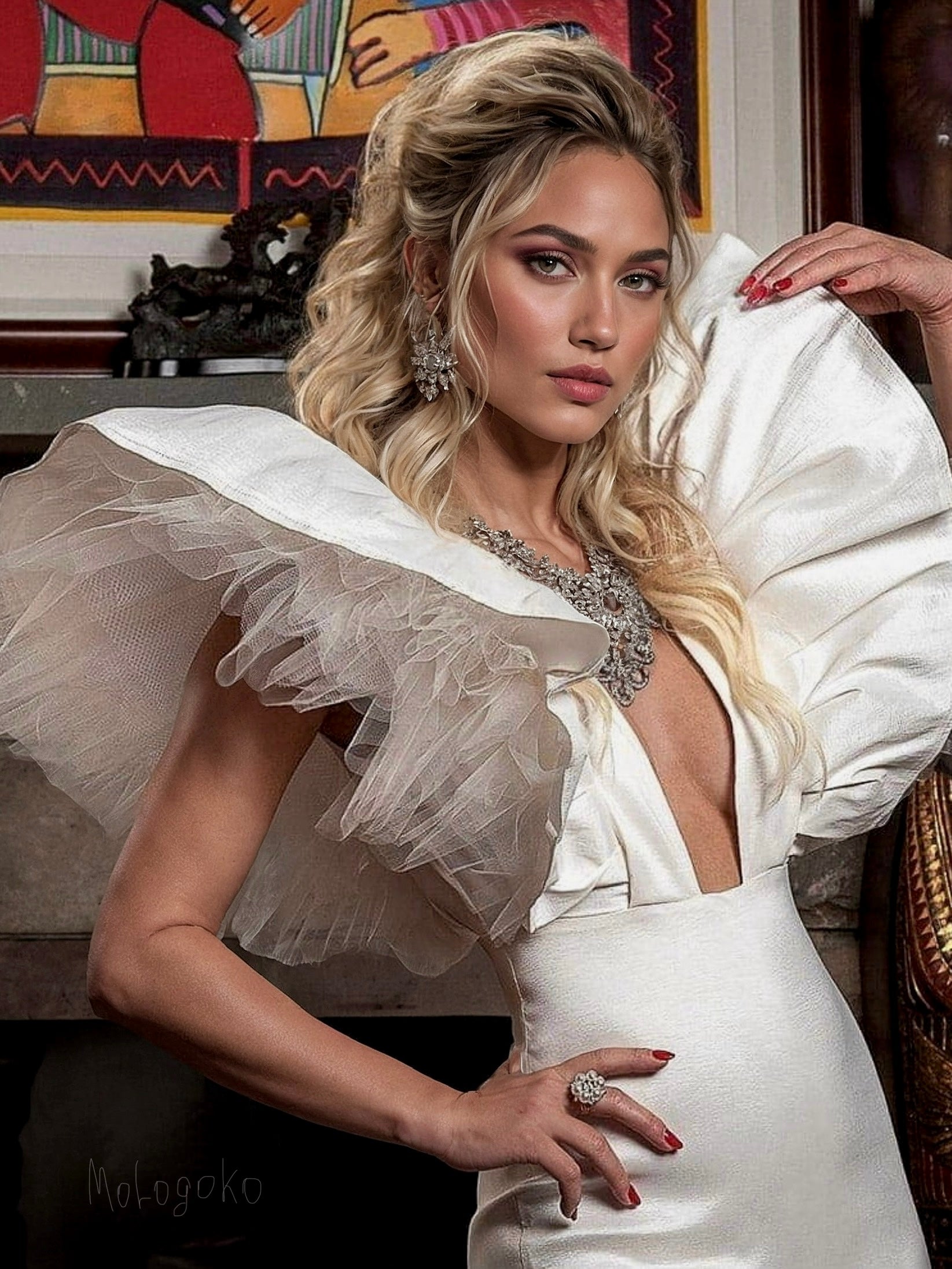 Monique Gown - White / XS / Daring Plunge Neckline - Couture