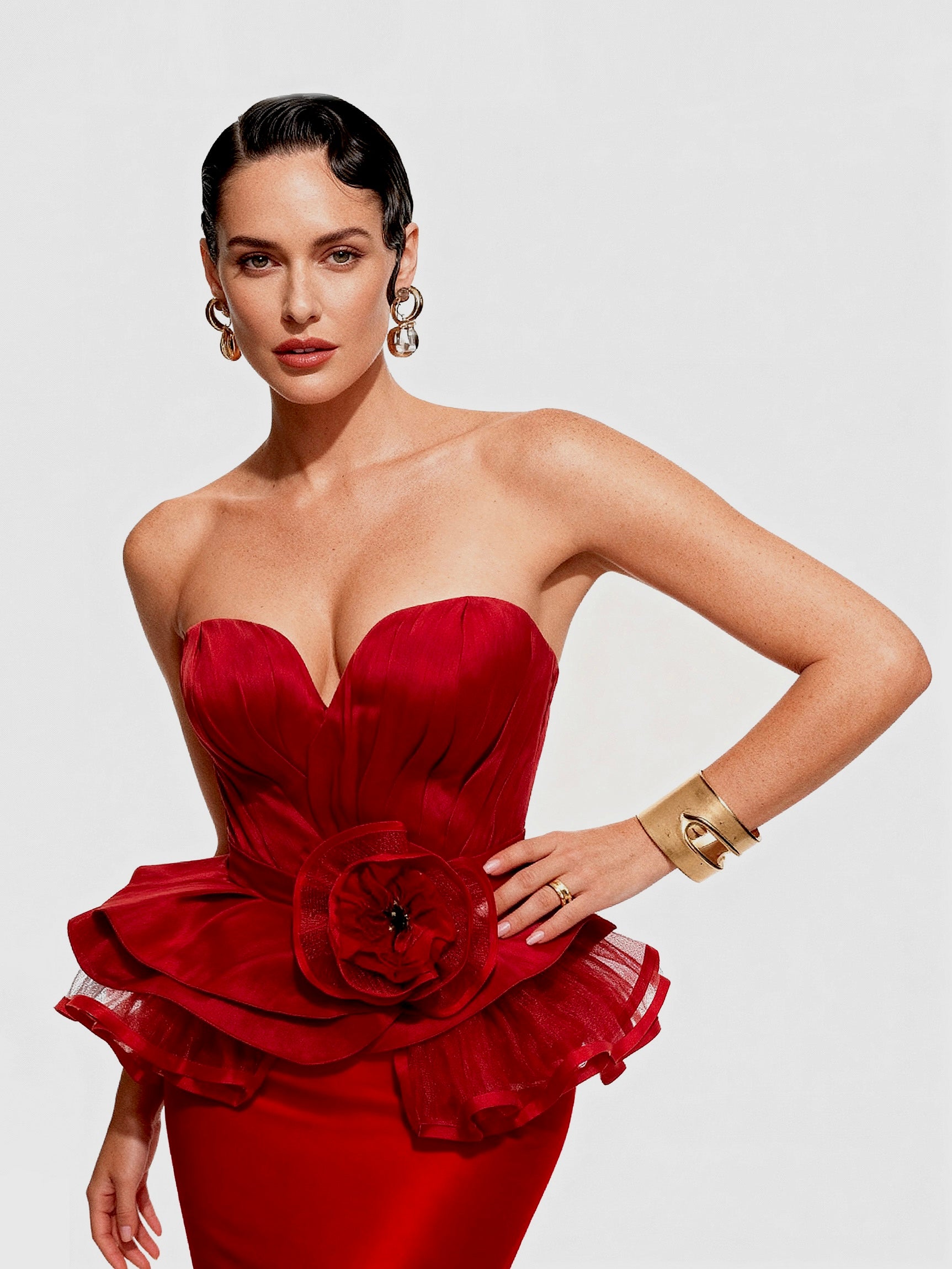 Dina Red Carpet Style Corset with Peplum and Flower