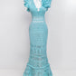 Blossom Crochet Maxi Dress in turquoise blue with ruffled sleeves, V-neck, and intricate lace pattern displayed on mannequin
