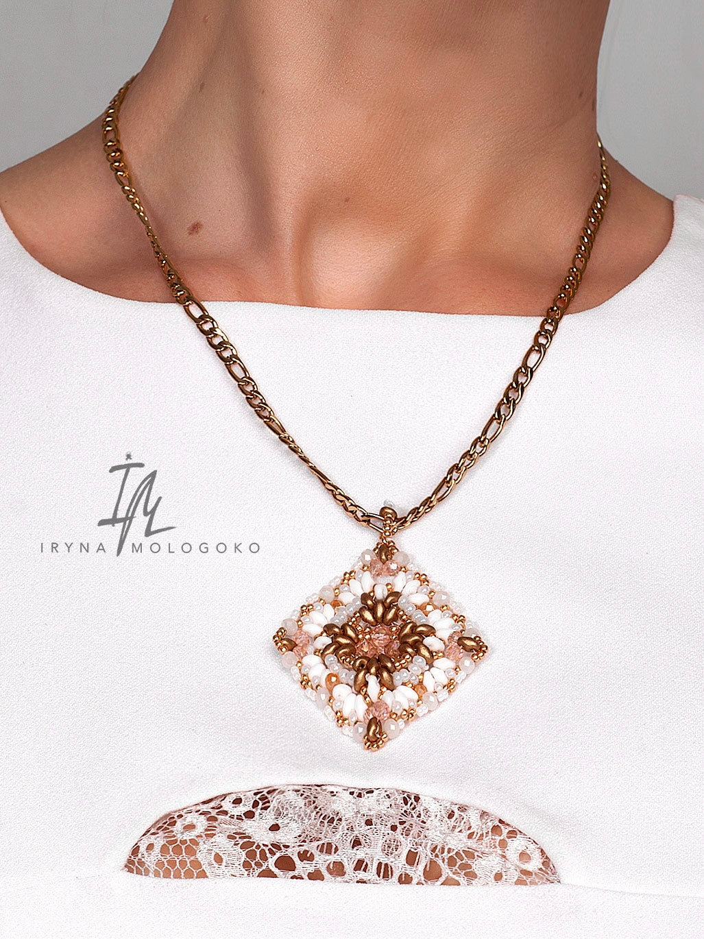 Dominique Reversible Handbeaded Lace Large Luxurious Pendant Necklace - Mologoko Couture