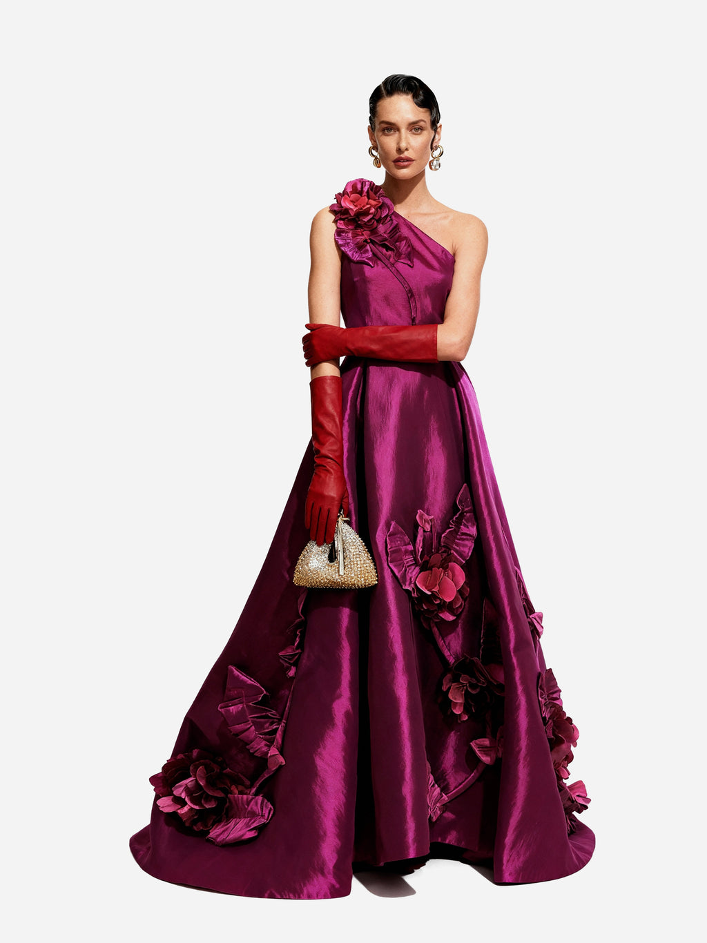 Viviana Raspberry 3D Floral One-Shoulder Ballgown