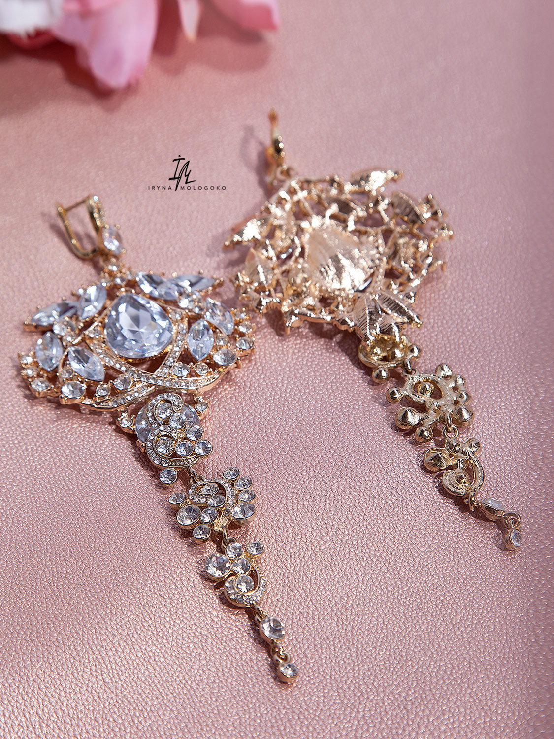 Amily Extra Large Dangle Statement Earrings featuring ornate crystal chandelier design in gold tone with cascading glass details