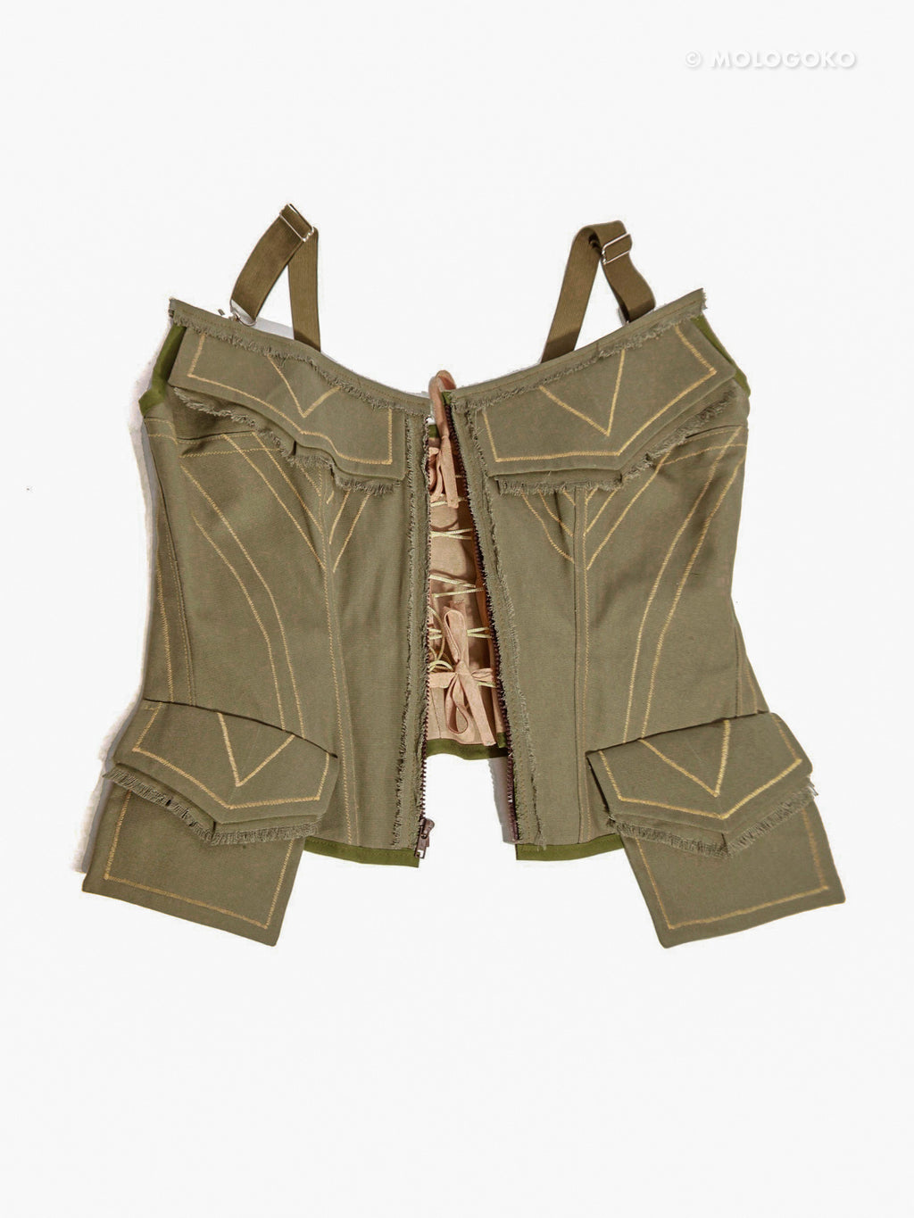 Olive Organic Cotton Quilted Front Zipper Corset with Pockets - Mologoko Couture