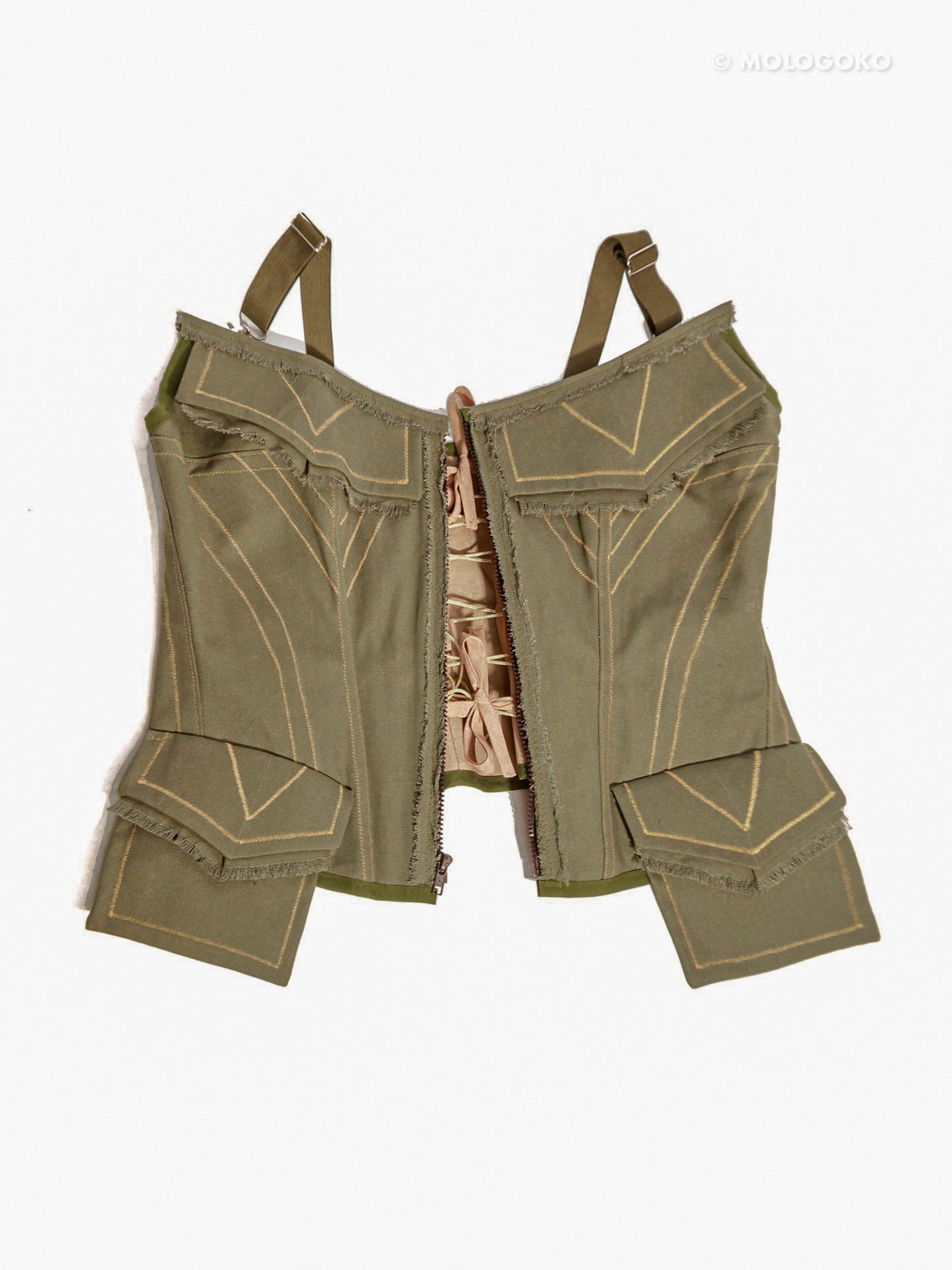 Olive Organic Cotton Quilted Front Zipper Corset with Pockets - Mologoko Couture