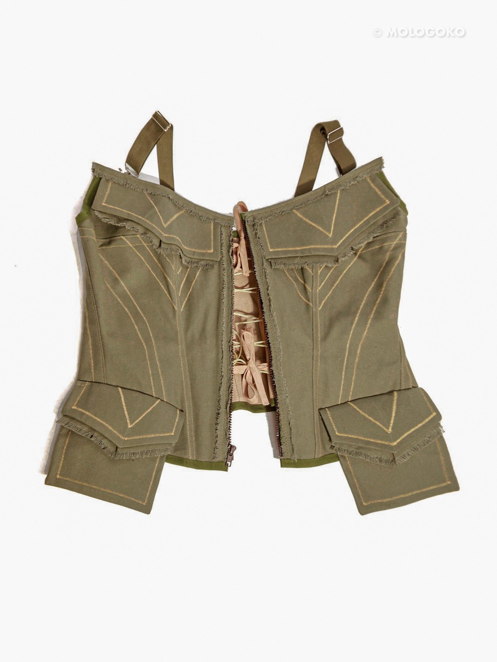 Olive Organic Cotton Quilted Front Zipper Corset with Pockets - Mologoko Couture