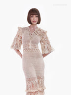 Dita Crochet Maxi Dress with Lacy Sleeves - Mologoko Couture