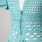 Blossom Crochet Maxi Dress in turquoise cotton yarn featuring intricate lace pattern and fitted waist with back zipper detail