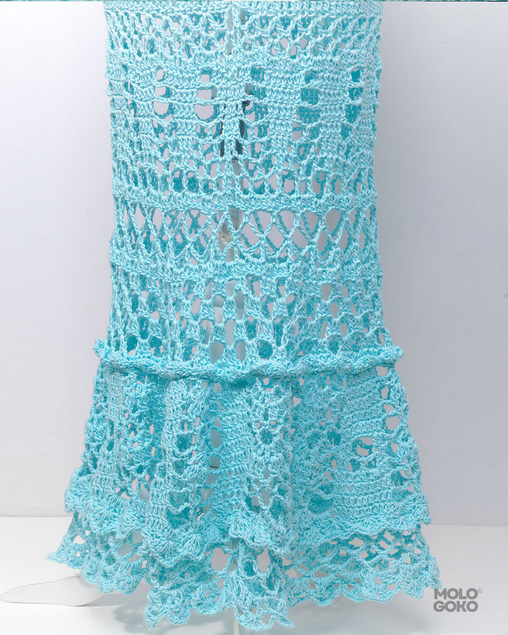 Blossom Crochet Maxi Dress in turquoise cotton featuring intricate lace pattern with tiered ruffles and delicate openwork design