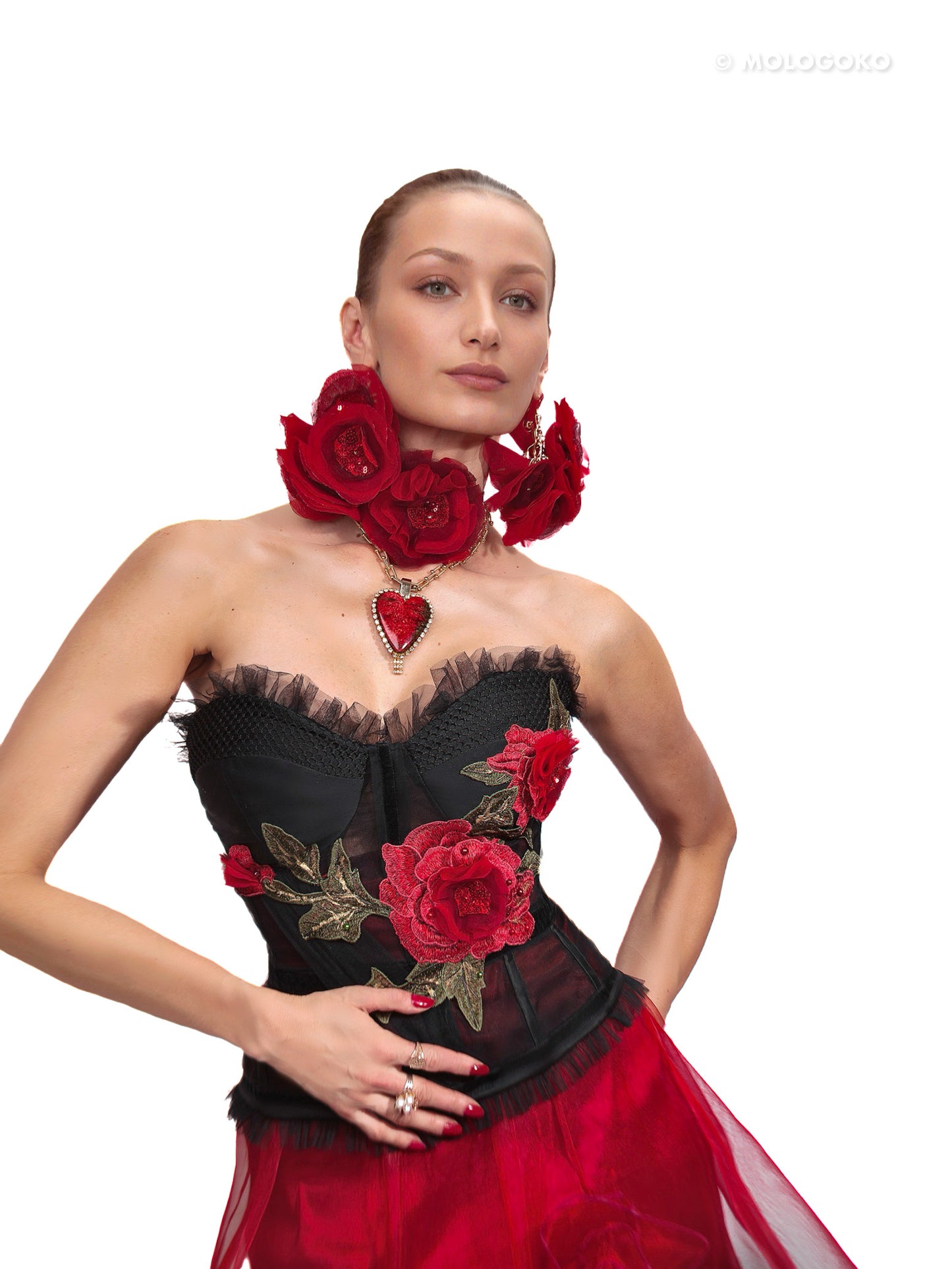 Carmen Red Carpet Style Embroidered Rose Corset - Mologoko Couture