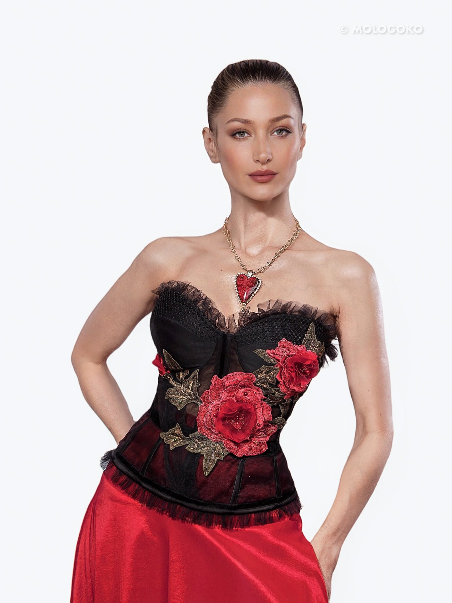 Carmen Red Carpet Style Embroidered Rose Corset - Mologoko Couture