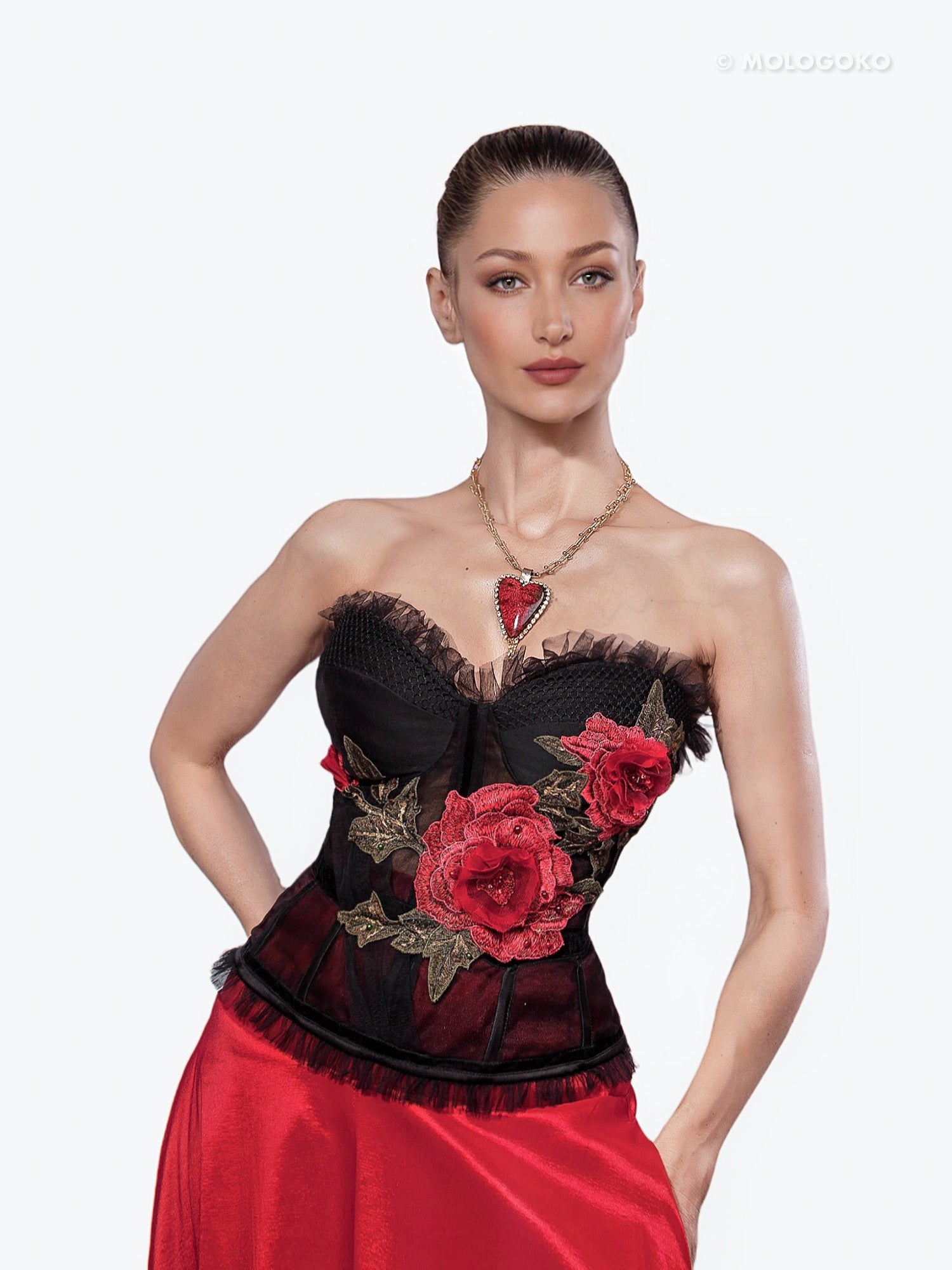 Carmen Red Carpet Style Embroidered Rose Corset - Mologoko Couture