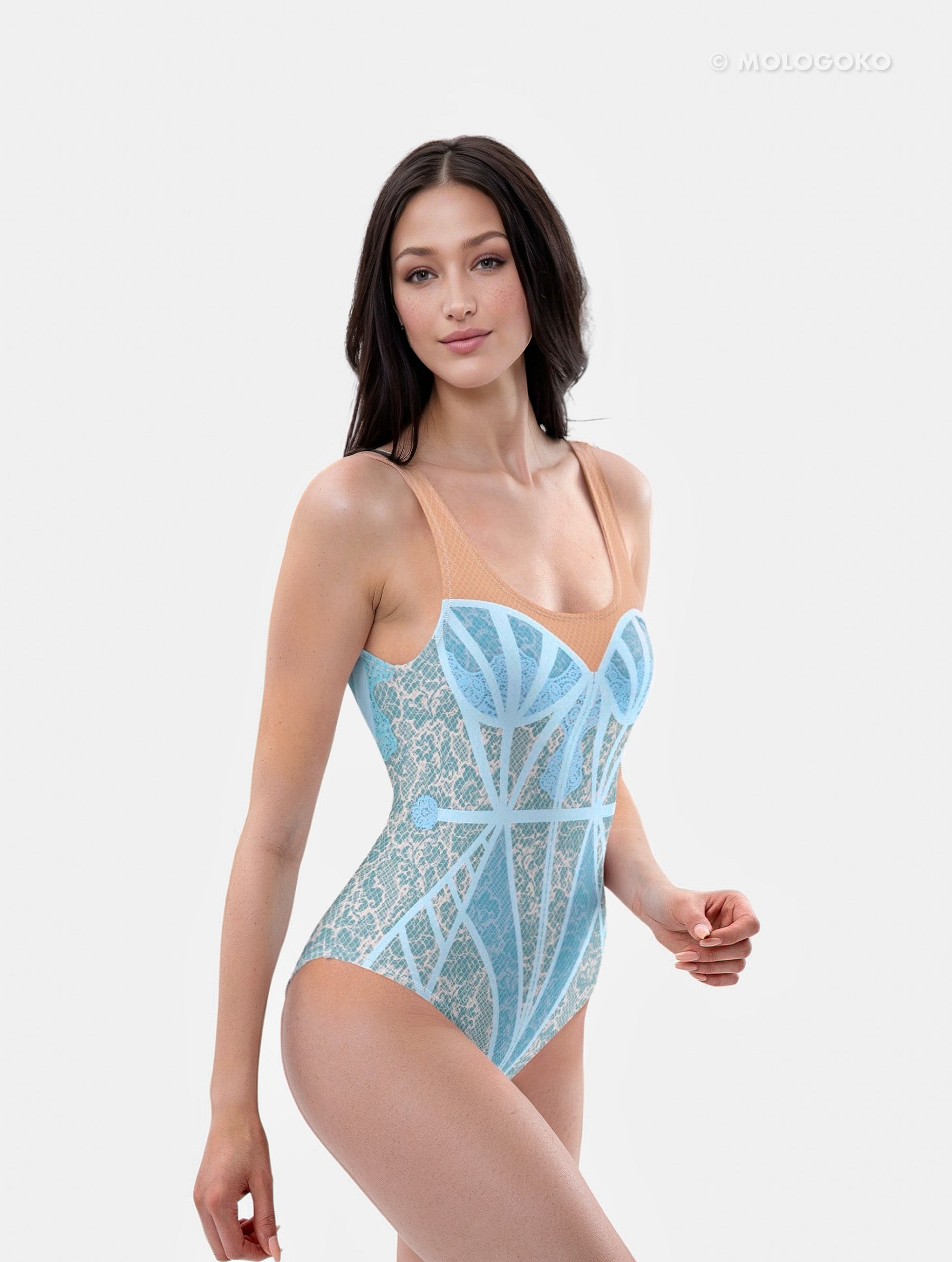 Blue Lace Chapel Window One-Piece Swimsuit - Mologoko Couture