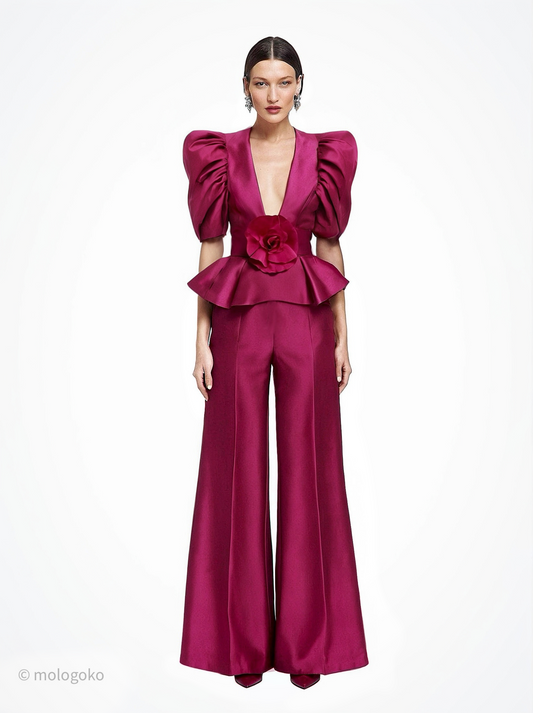 Lady D Raspberry Satin Trousers Set