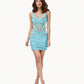 Aqua blue bodycon mini dress with lace illusion pattern shown in full-length front view on white background