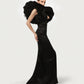 Black and White Monique Gown with dramatic ruffled sleeves and fitted silhouette featuring elegant bow detail
