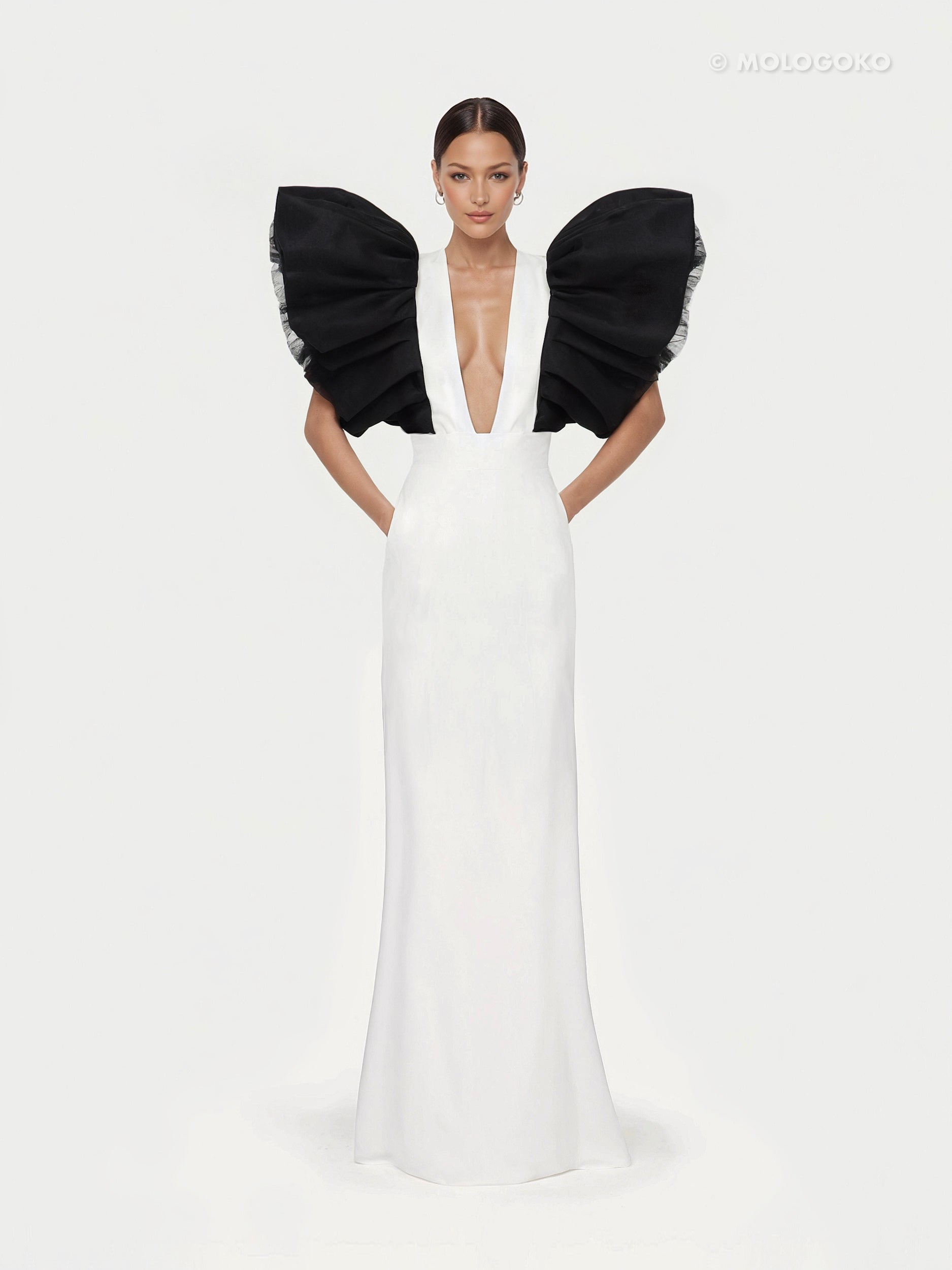 Black and White Monique Gown with dramatic ruffled sleeves and plunging neckline in elegant floor-length design