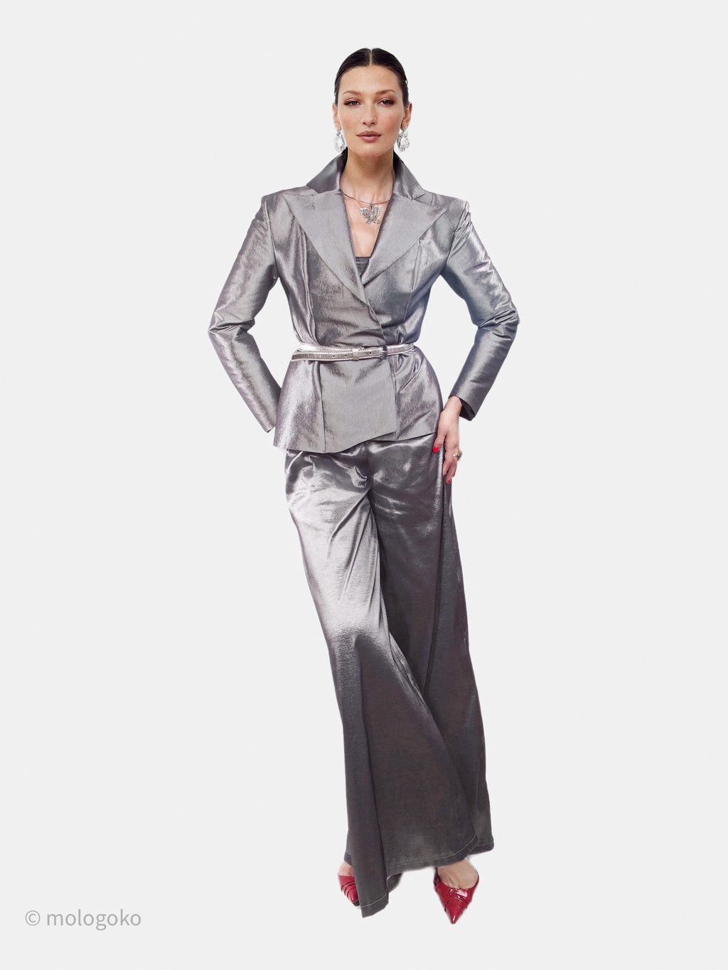 Stretch Taffeta Light Pantsuit Wide Leg Trousers - Mologoko Couture