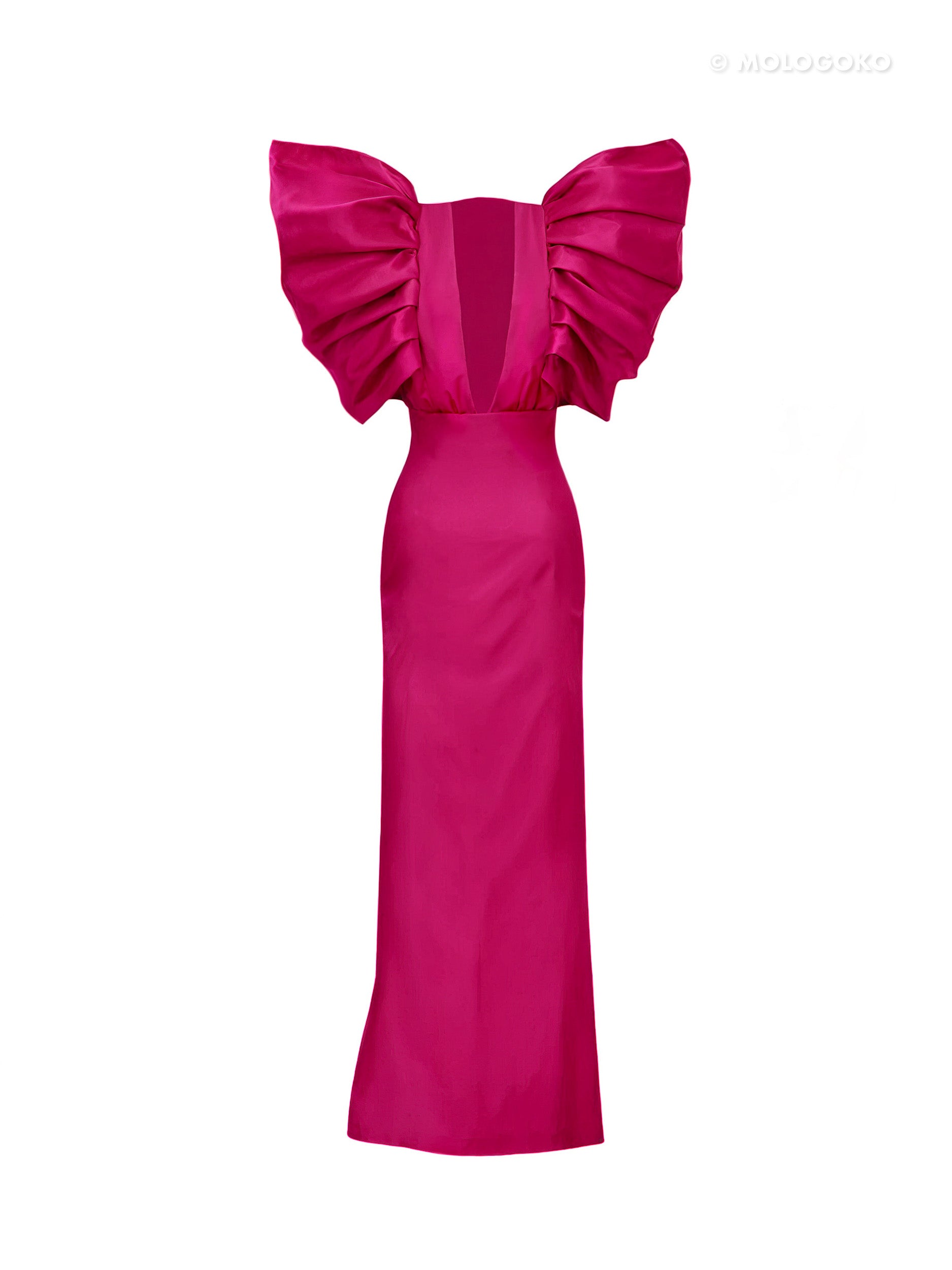 Black and White Monique Gown with dramatic ruffled shoulders and open back, shown from behind in elegant floor-length silhouette