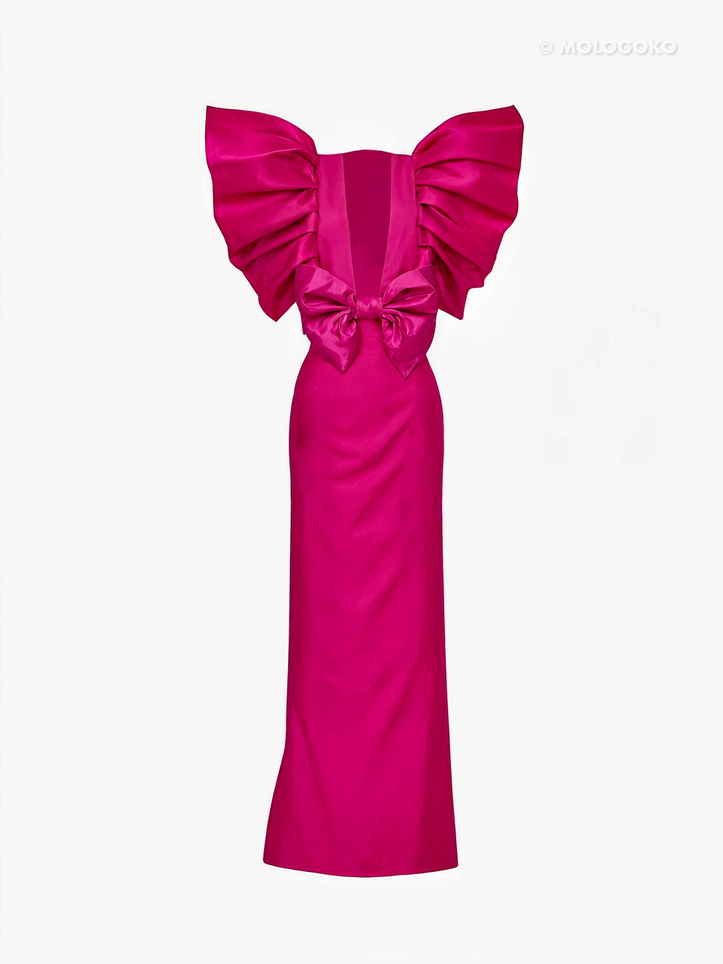 Black and White Monique Gown with dramatic ruffled shoulders and open back, shown from behind in elegant floor-length silhouette