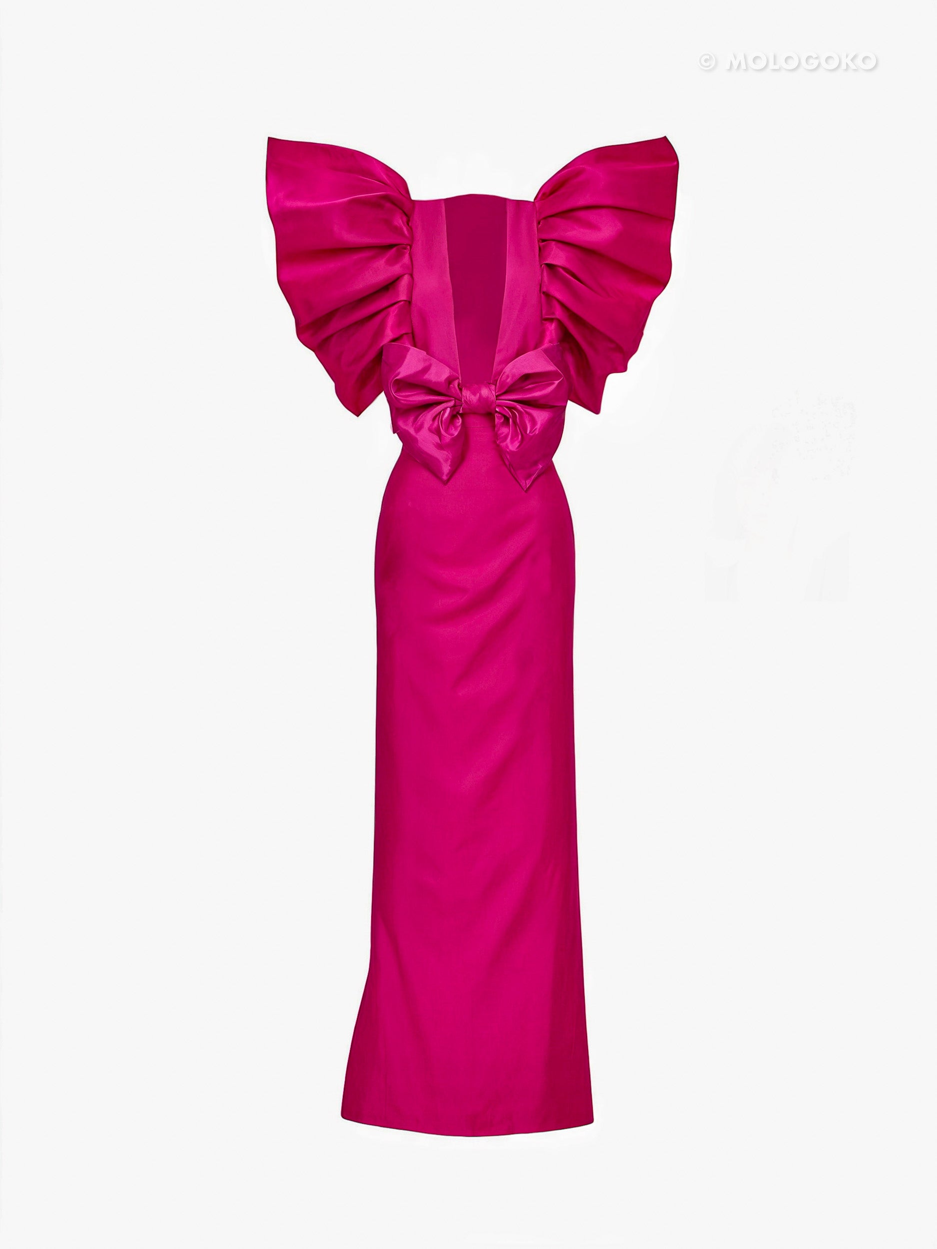 Black and White Monique Gown with dramatic ruffled shoulders and open back, shown from behind in elegant floor-length silhouette