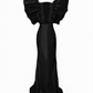 Black and White Monique Gown with dramatic ruffled shoulders and open back, shown from behind in elegant floor-length silhouette