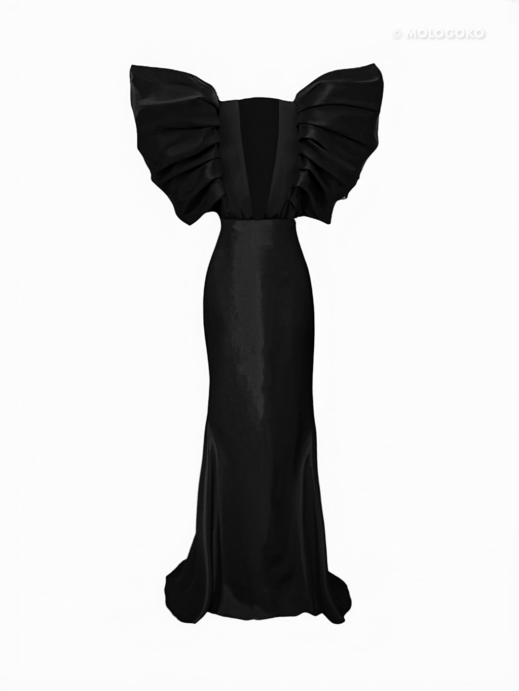 Black and White Monique Gown with dramatic ruffled shoulders and open back, shown from behind in elegant floor-length silhouette