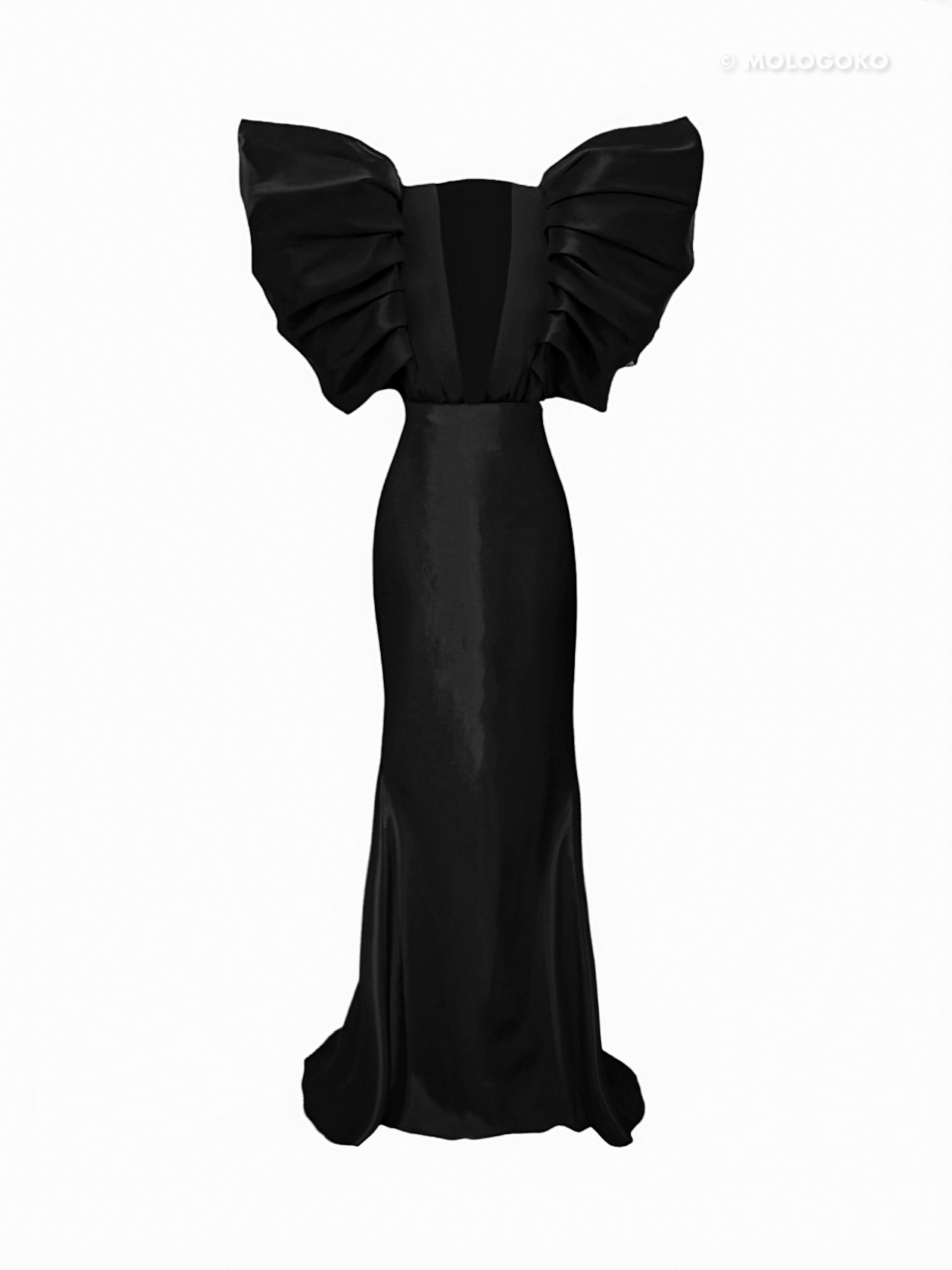 Black and White Monique Gown with dramatic ruffled shoulders and open back, shown from behind in elegant floor-length silhouette