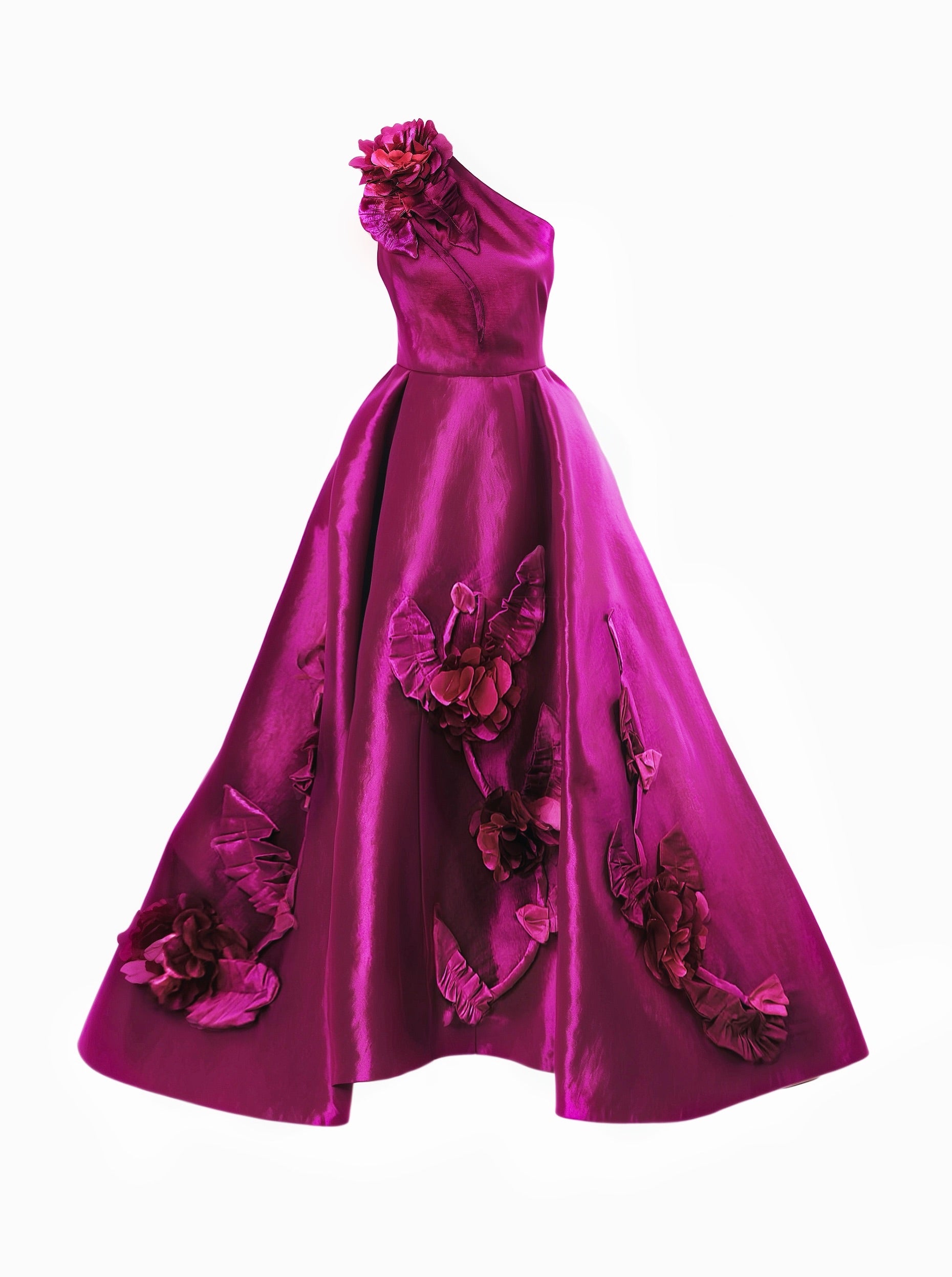 Viviana Raspberry 3D Floral One-Shoulder Ballgown