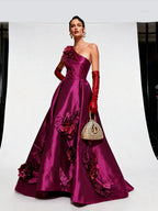 Viviana Raspberry 3D Floral One-Shoulder Ballgown