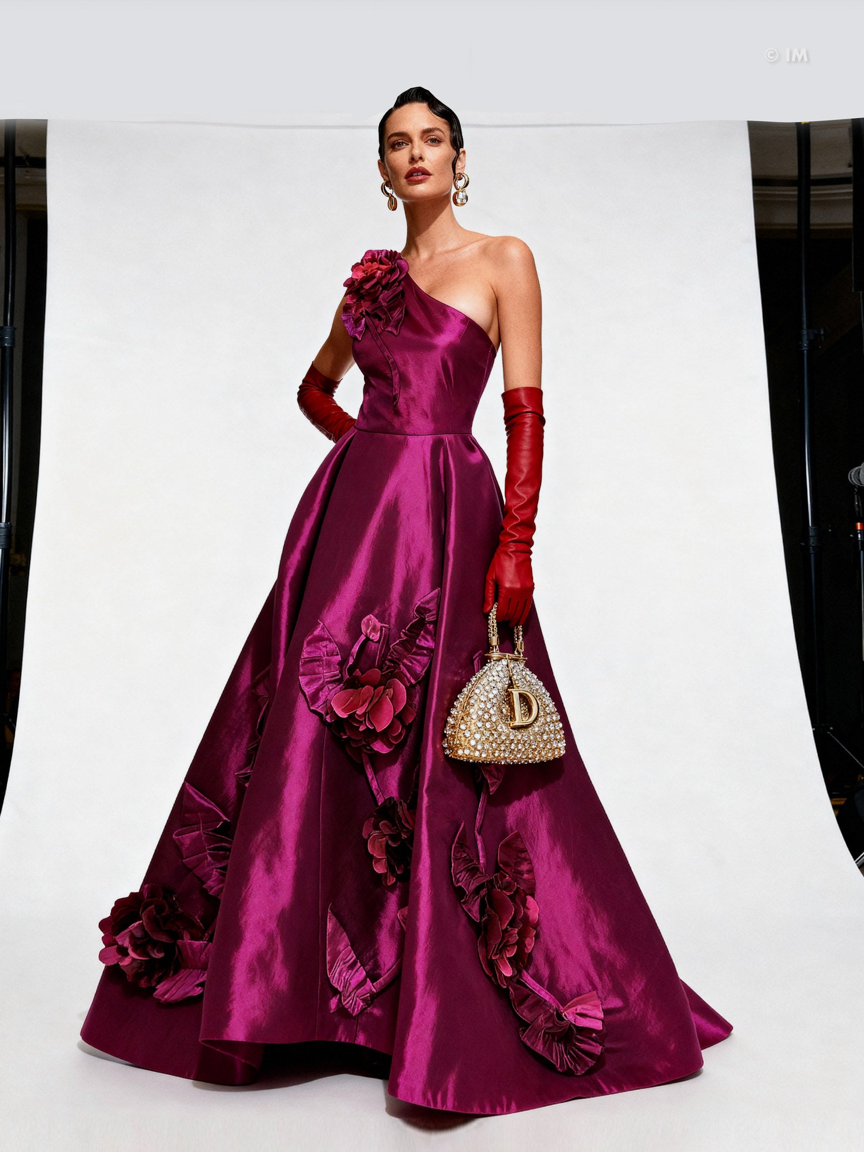 Viviana Raspberry 3D Floral One-Shoulder Ballgown