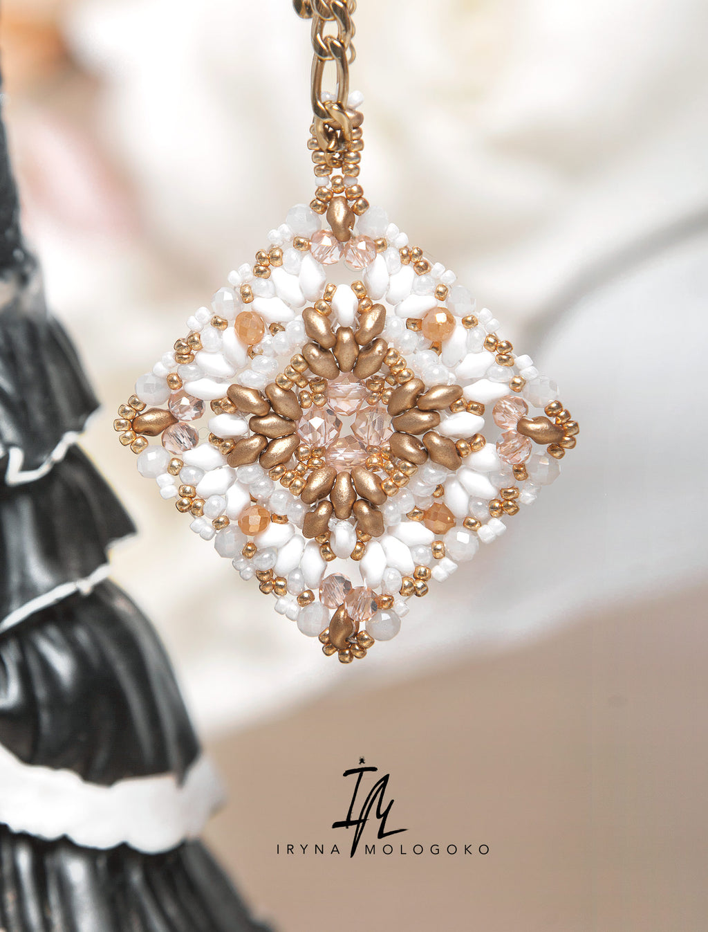 Dominique Reversible Handbeaded Lace Large Luxurious Pendant Necklace - Mologoko Couture