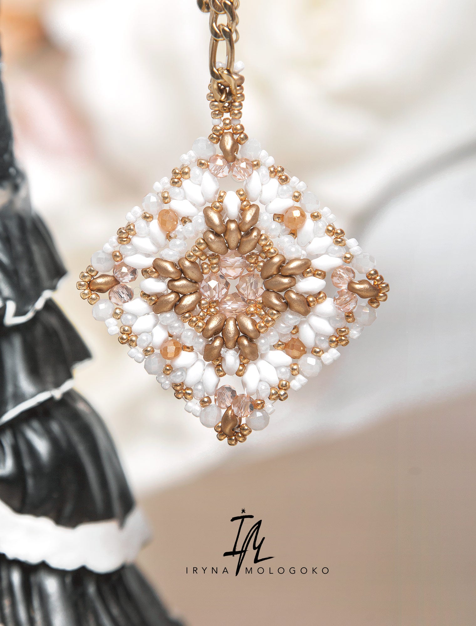 Dominique Reversible Handbeaded Lace Large Luxurious Pendant Necklace - Mologoko Couture