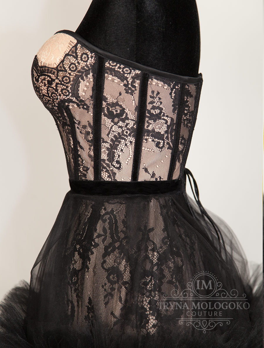 Femme En Noir Black Couture Corseted Dress - Mologoko Couture